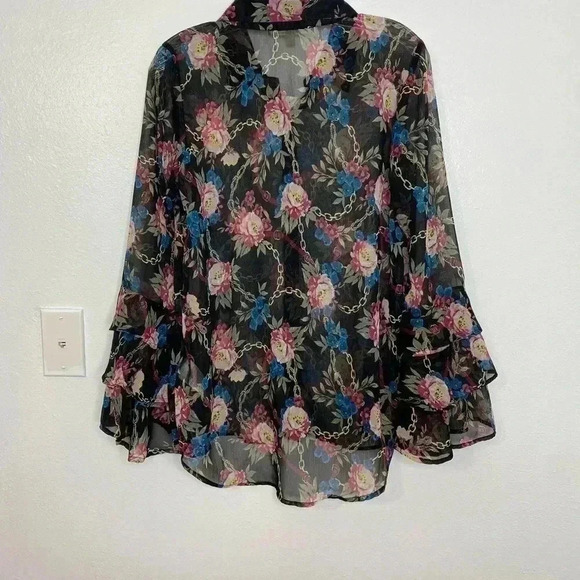 Seven7 Floral Black Ruffle Sheer Button Down Blouse - Picture 6 of 6